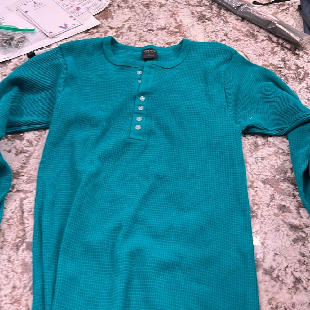 Wright’s Made In USA 🇺🇸 Large long sleeve Waffle quarter button shirt green